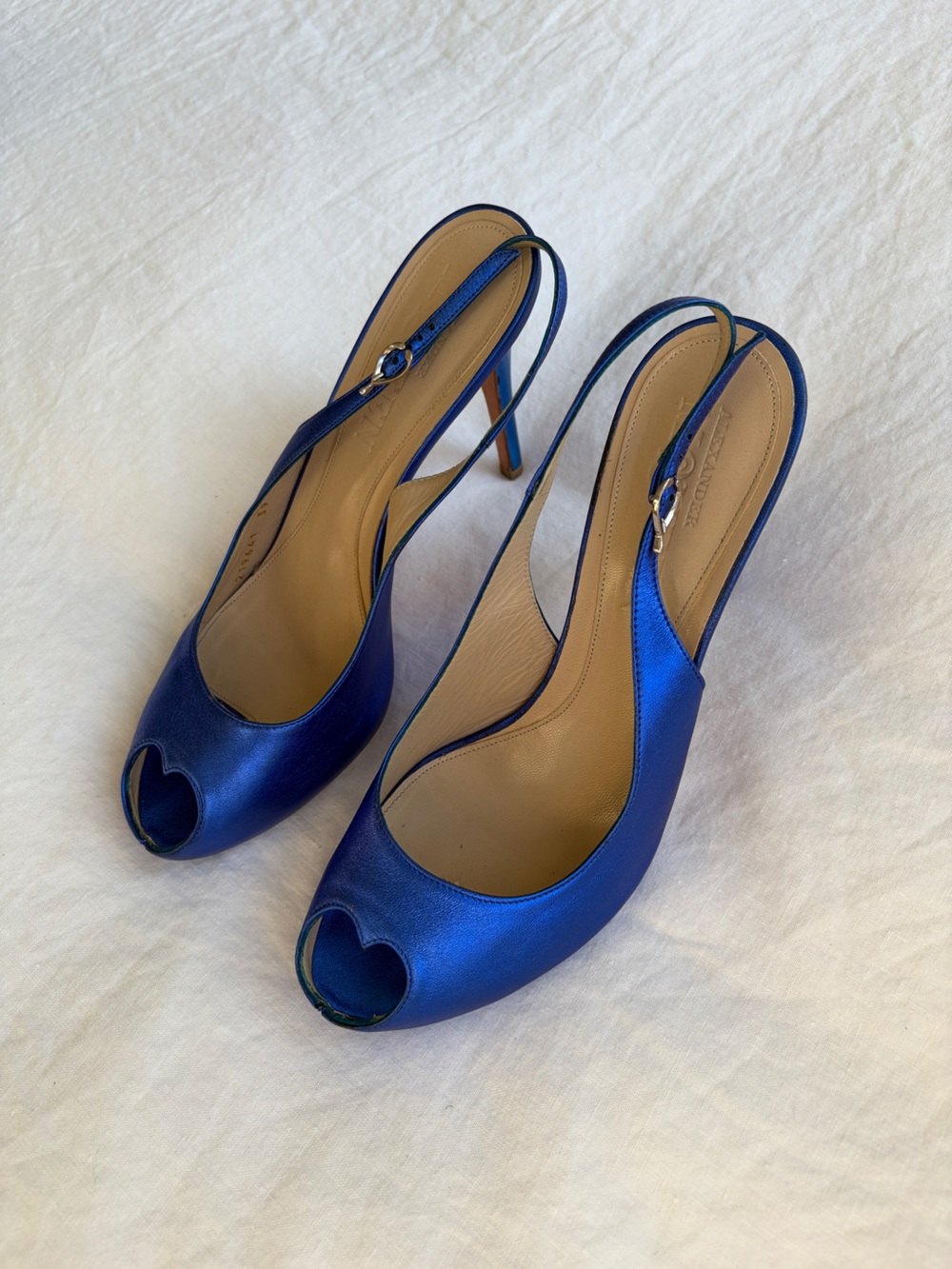 Vintage Alexander McQueen Peep Toe Heels Electric Royal Blue Metallic